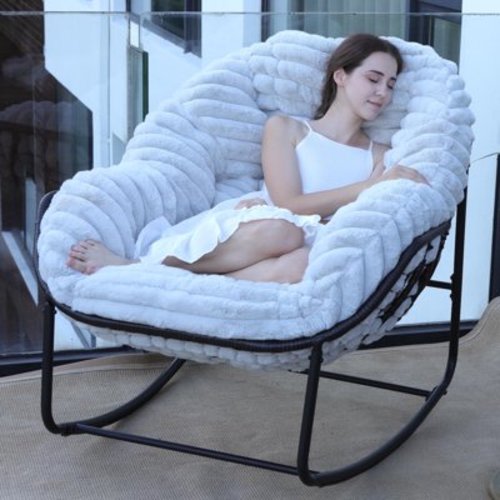 NAGA BAHNA Rattan Rocking Chair, Indoor & Outdoor Oversized Papasan Rocker Chair