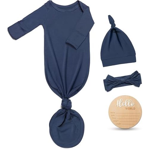 Hello World Newborn Knotted Gown 0-3 Months, Coming Home Outfit Baby Bamboo Viscose Sleeper with Hat,Headband,Wooden Sign