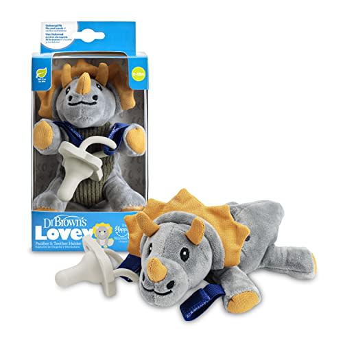 Dr. Brown's Baby Lovey Pacifier Holder & Teether Clip, Triceratops with Grey HappyPaci, 100% Silicone, 0-6m