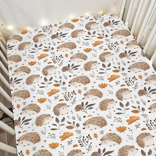 Watercolor Hedgehog Leaves Baby Crib Sheets for Boy Girl 52x28Inch Cute Hedgehogs Soft Stretchy Fitted Crib Mattress Cover Animals Baby Sheet for Standard Crib and Toddler Mattresses