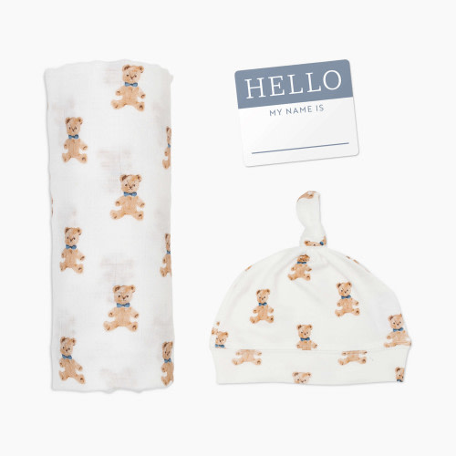 Lulujo Hello World Hat & Swaddle Set - Vintage Teddy