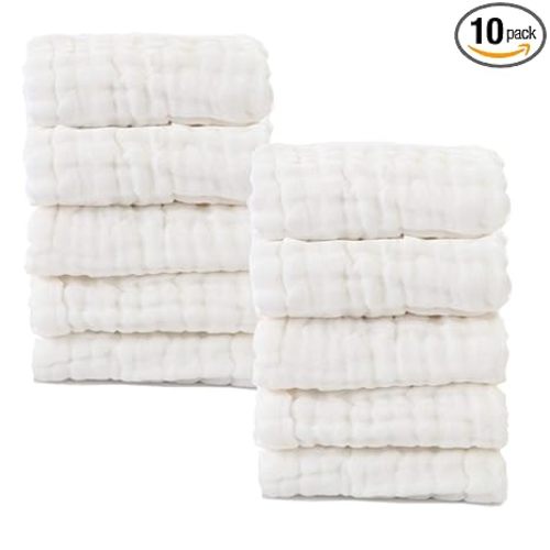 Baby Muslin Washcloths- Natural Cotton Wipes - Soft Newborn Face Towel for Sensitive Skin- Registry as Shower, 10 Pack 12x12 inches by MUKIN (White)