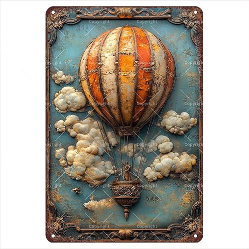 Vintage Tin Sign 12"x8" - Hot Air Balloon with Clouds Flat Metal Tin Signs with 3D Effect - Retro Tin Sign for Adventure Lovers and Dreamers - Wall Art for Living Room/Office/Study - Gift for Travelers or Fantasy Art Fans