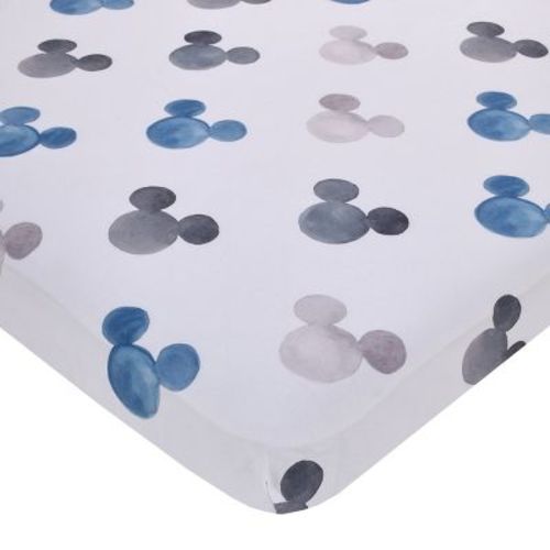 NoJo Disney Mickey Mouse - Black, White and Blue Watercolor Mickey Ears Nursery Fitted Mini Crib Sheet