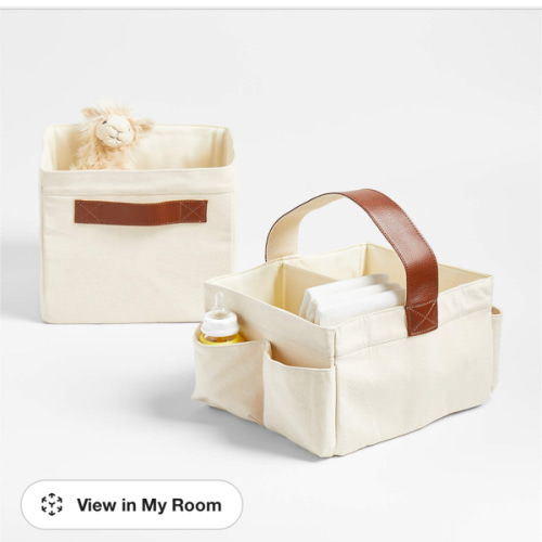Canvas Diaper Caddy Organizer with Brown Leather Handle