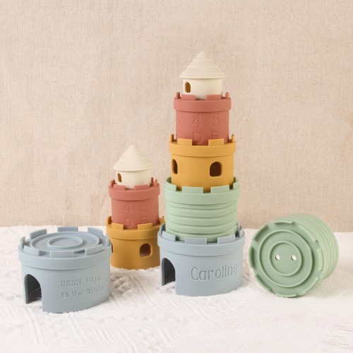 Personalized Silicone Stacking Toy, Castle Teething Stacker with Name & Birth Stats, Baby Shower Gift, Montessori Toy for Newborns, Toddlers