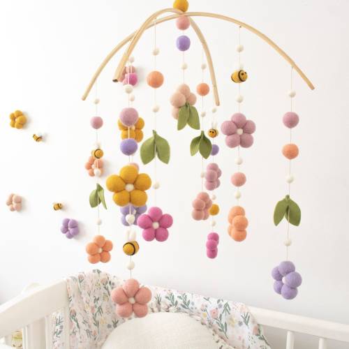 summer Garden flower and bee mobile, sweet baby girl nursery, flower mobile, felt ball flowers, nursery decor, bee mobile.