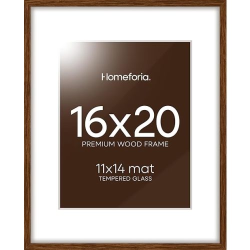 Homeforia 16x20 Wood Picture Frame Brown, Premium Dark Oak Wood Poster Frames 16x20 with 11x14 Mat, 16 x 20 Brown Wooden Photo Frame for Wall, Tempered Glass, Wall Hook Included, Set of 1