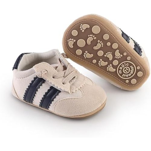 Newbron Baby Boys Girls Retro Sneakers Pu Leather Rubber Sole Walking Shoes Toddler Non-Slip First Walkers Infant Slippers Crib Shoes