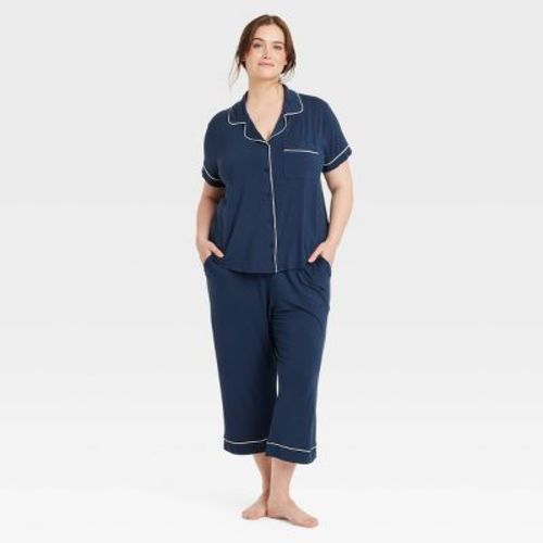 Women's Cloud Knit Short Sleeve Notch Collar Top and Cropped Pants Pajama Set - Auden™ Black L: Modal Spandex Blend