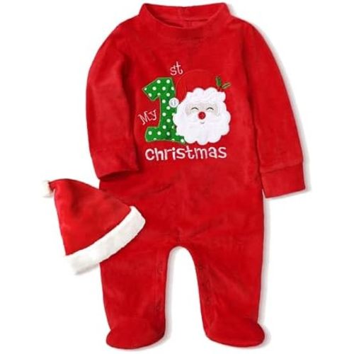Von kilizo Baby Christmas Outfit My First Christmas Baby Girl Boy Outfit Footed Romper Santa Hat 2Pcs
