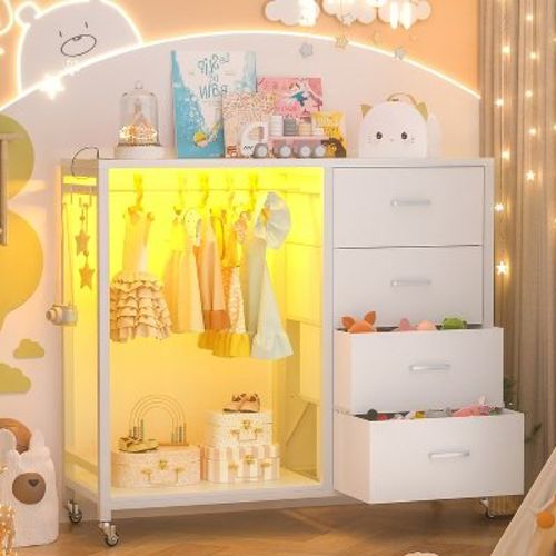 Aheaplus Dressers with Clothes Rack, Charging Station and Led Light, 4 Drawers Dresser for Bedroom