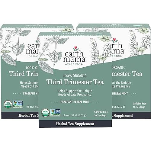 Earth Mama Organic Third Trimester Tea Bags | 100% USDA Organic Herbal Tea for Late Pregnancy Comfort + Childbirth Preparation, 16 Teabags Per Box (3-Pack)