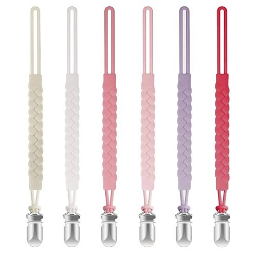 TenderBabe Silicone Pacifier Clip for Baby Girls and Boys, Pack of 6 Soft Flexible Paci Binky Clips with One-Piece Braided-Style Design,BPA-Free Baby Essentials