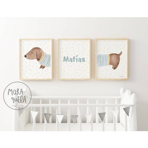 Sausage Dog Set - Illustrations for nursery room, brown and blue palette - Funny prints of Dachshund dog for babies and kids,