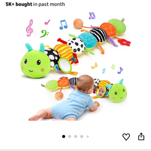 Baby Sensory Toy 0-6 Month Music Animal Stuffed Plush Caterpillar Toy for Infant 0-3-6-12 Month Old Tummy Time with Baby Mirror Crinkle Rattle Carseat Toys for Newborn Boys Girl Shower Gifts