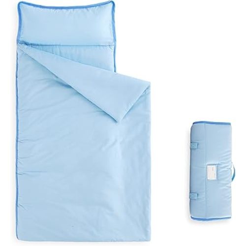 Wake In Cloud - Toddler Nap Mat with Pillow and Blanket, for Kids Boys Girls in Kindergarten Daycare Preschool Pre K, Roll Up Sleeping Bag, Solid Color, Light Blue, Standard