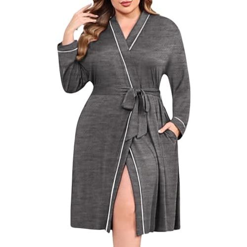 Ekouaer Plus Size Robes for Women Lightweight Bathrobe V Neck Kimono Loungewear Soft Maternity Robes with Pockets 1X-5X
