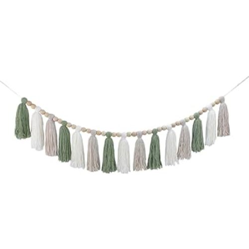 DrCor Sage Green & White Boho Tassel Garland – Handmade Yarn Banner for Nursery, Girls Bedroom, Baby Shower, Wedding Backdrop, Classroom Bulletin Board or Cozy Home Wall Decor