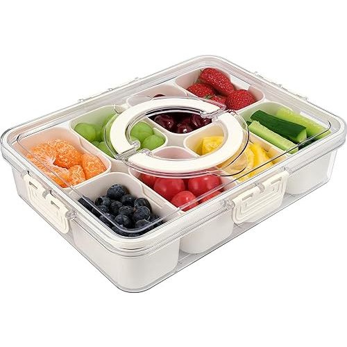 Snackle Box Container, 8 Compartments Divided Serving Tray with Lid and Handle, Portable Snack Box Containers for Veggie Tray Charcuterie Boxes Fruit Storage Candy Organizer (8 Compartments)