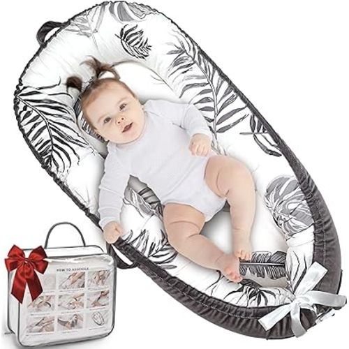 Baby Lounger, Ultra Breathable Soft Cotton Perfect for Tummy Time, Portable & Adjustable Infant Floor Seat for Traveling | Newborn Shower Gift - Leaves
