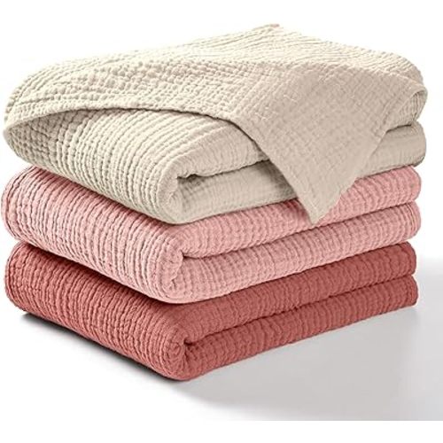 Dreamology Muslin Swaddle Blankets for Boys and Girls,3-Pack Soft & Breathable, Skin-Friendly, Soft Silky Wrap Cotton Baby Muslin Swaddle Blankets for Unisex Newborn (Rose/Pink/Ecru)