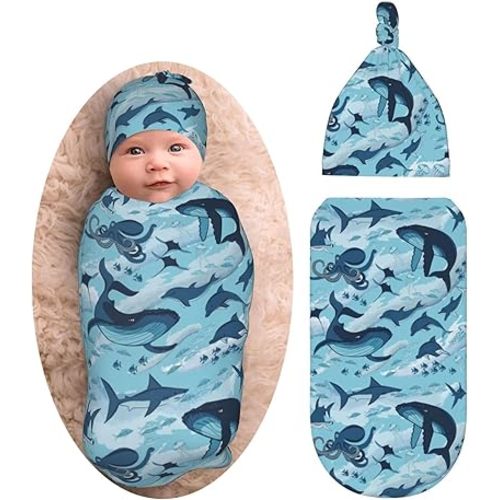 Sea Waves Dolphins Sharks Whale Octopus Newborn Swaddle Blankets Baby Wrap Blanket Soft with Beanie Hat Sets Gifts for Infant Boy Girl