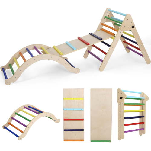Pirecart Pikler Triangle Set 7 in 1 Foldable Wooden Climber Toys with Play Arch, Ramp & Ladder for Kids Toddlers