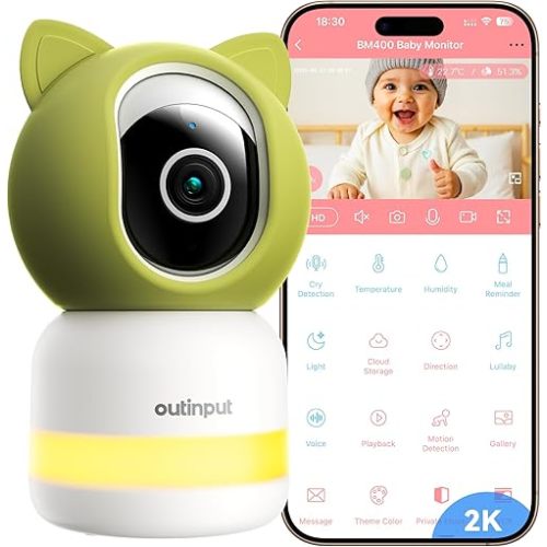 Outinput Smart WiFi Baby Monitor 2K 4MP, PTZ Indoor Cam for Nursery, Crying/Feed/Temp/Humidity Alerts, Night Vision w/Gentle Light, Soothing Lullabies for Baby Sleep, App Control, Cloud&Local Storage