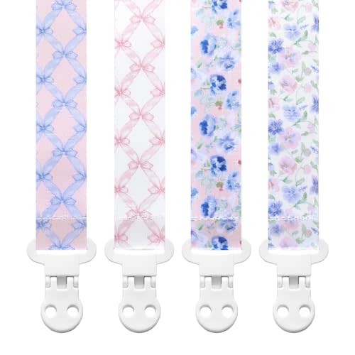 Stadela Baby Pacifier Clip Holder - Girl 4 Pack Gift Set – Vintage Floral French Granmillenial Ribbons Bows and Flowers in Pink and Blue
