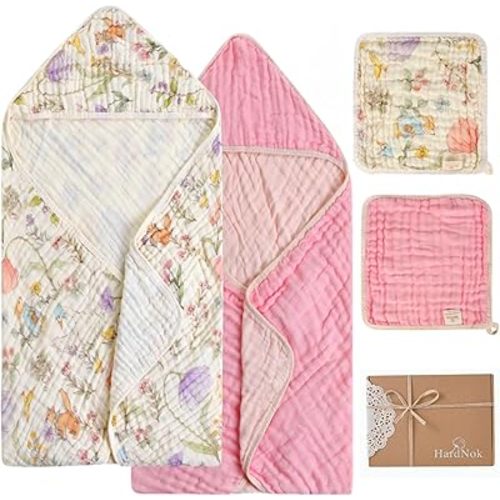 4-Piece Ultra Soft Muslin Baby Towel Set - Muslin & Bamboo Viscose Blend, Ideal for Bath & Beach, Suitable for Baby Girls, (Garden Woodland, 32x32 inches)