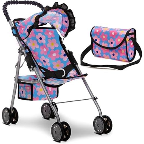 Dolls To Play Baby Doll Stroller for Girls, Toddler Play Toy Doll Buggy Carriage Foldable with Canopy Storage Basket Travel Diaper Bag - Blue