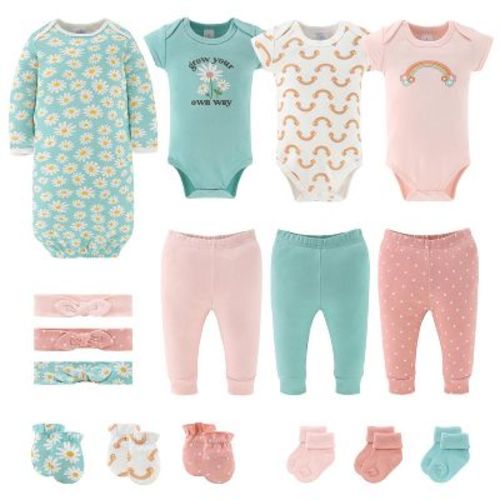 The Peanutshell Carefree Floral Newborn Layette Set for Baby Girls, 16-Pieces, Pink/Aqua, 0-3 Months