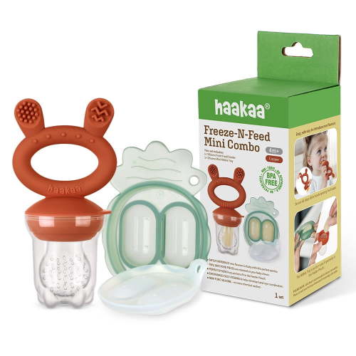 Haakaa Freeze-N-Feed Mini Combo with Silicone Food Feeder & Silicone Mini Nibble Tray|Baby Solid Food Self Feeder|Breastmilk Popsicle Mold Storage & Feeder for Soothing Baby Gums 1 PK (Copper)
