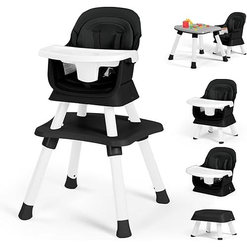 Kinder King Baby High Chair, 8 in 1 Coverts to Dining Booster Seat, Kids Table & Chair Set,Toddler Building Block Table, Removable Tray & Double Seat Cover, Easy to Wipe, Black & White