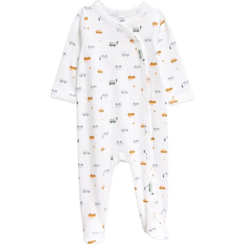 Baby Print Cotton Footie, 3M, White Tiny Cars