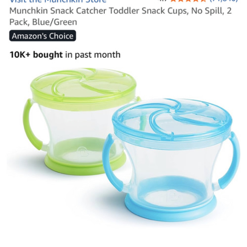 Munchkin Snack Catcher Toddler Snack Cups, No Spill, 2 Pack, Blue/Green