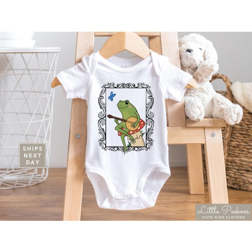 Cottagecore Onesie®, Cute Frog on Mushroom Natural Toddler Shirt, Frog Playing Banjo Kids Shirt, Trendy Baby Announcement, Baby Shower Gift