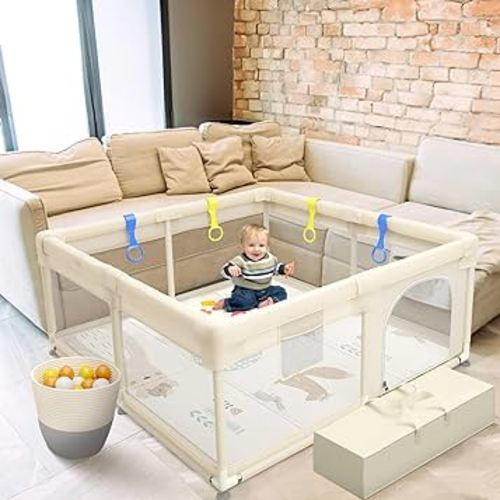 MiMi & Tom Baby Playpen with Mat Included - Safe Baby Play Yard with 4 Pull Up Rings, Kids Playpen Ocean Balls, and Toy Storage Basket - Minimalist Large Playpen for Babies and Toddlers, 49" x 49"