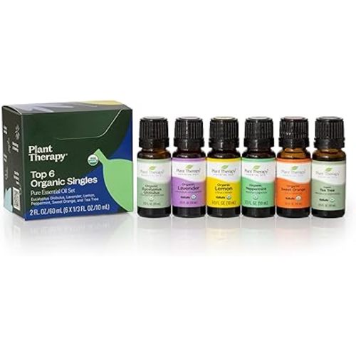 Plant Therapy Top 6 USDA Organic Essential Oil Set - Lavender, Peppermint, Eucalyptus, Lemon, Tea Tree 100% Pure, Natural Aromatherapy, for Diffusion & Topical Use, Therapeutic Grade 10 mL (1/3 oz)
