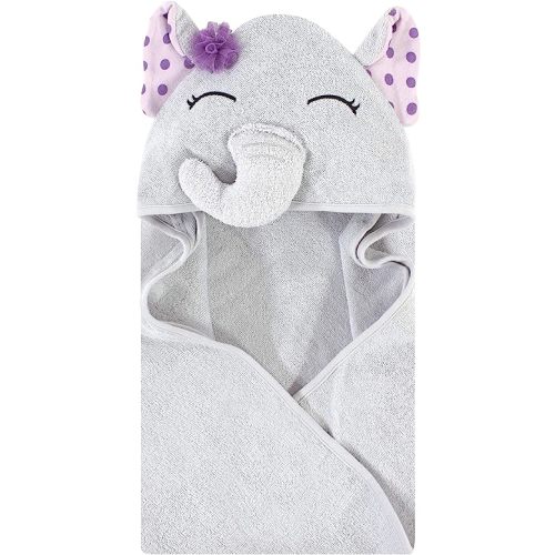 Hudson Baby Unisex Baby Cotton Animal Face Hooded Towel, Purple Dots Pretty Elephant, One Size