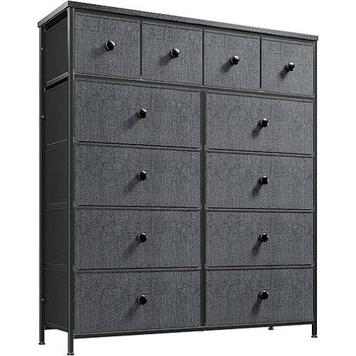 Cómodas altas para dormitorio con 12 cajones, cómodas de almacenamiento de tela y cómodas, marco de metal resistente, parte superior de madera, armario, entrada, muebles de dormitorio (gris