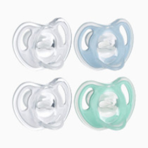 Tommee Tippee Ultra-Light Silicone Pacifier, 0-6 Months, Symmetrical One-Piece Design, BPA-Free Silicone Binkies, Clear/Blue/Green, Pack of 4