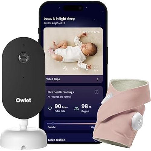 Owlet Dream Duo – FDA-Cleared Smart Baby Monitor with Sock & HD Video Cam, Tracks Pulse Rate, Oxygen & Sleep, 2K HD Video, Cry & Motion Alerts, Temp Monitoring