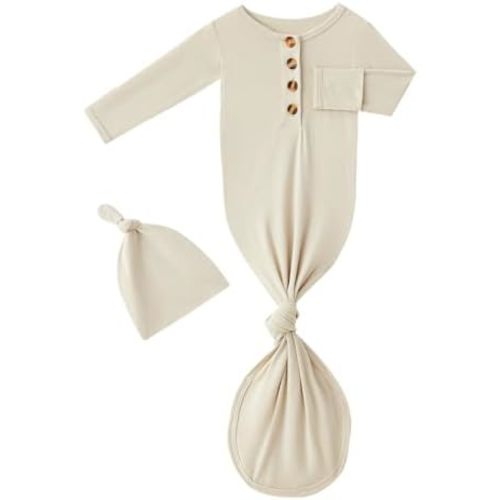 Newborn Baby Boys Girls Knotted Gown Headband/Hat Set Clothes Bamboo Viscose Soft Sleeper Sleep Gown with Mittens