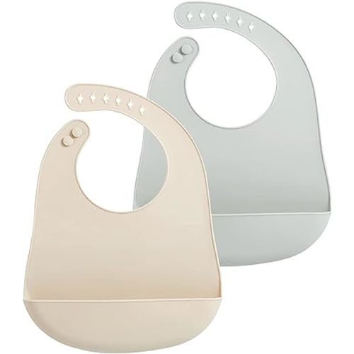 PandaEar 2 Pack Silicone Baby Feeding Bibs Super Thin Light Weight for Babies & Toddlers, Adjustable Silicone Bibs with Food Catcher Pocket, Waterproof, Soft, Unisex, Non Messy (Pink Grey)
