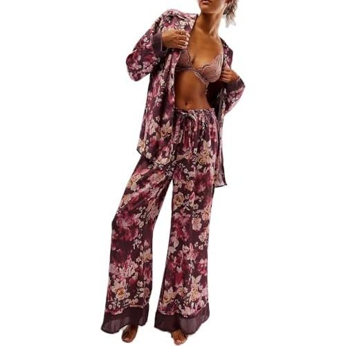 Women Satin Pajama Set Floral Silk Pajamas 2 Piece Lounge Sets Button Down Shirts Wide Leg Pants Pjs Sleepwear