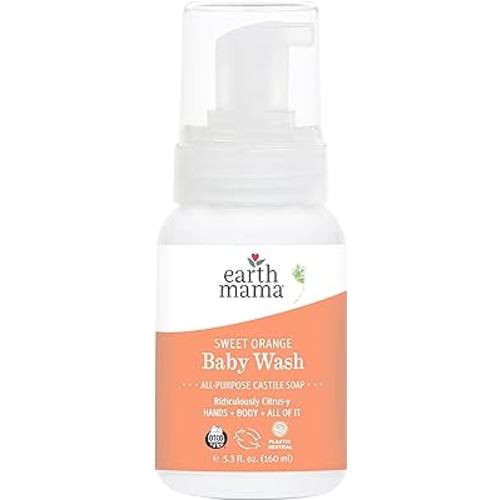 Earth Mama Sweet Orange Baby Liquid Wash Foaming Hand Soap, Organic All Purpose Body Wash for Sensitive Skin, Castile Soap with Coconut Oil, Shea Butter, Calendula, & Aloe, 5.3 fl oz