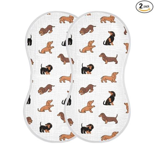 Muslin Baby Burp Cloths Set of 2, Soft Absorbent Cute Dogs Dachshunds Muslin Washcloths, Bibs, Face Towel for Newborn Boys Girls, 22 x 11 Inch
