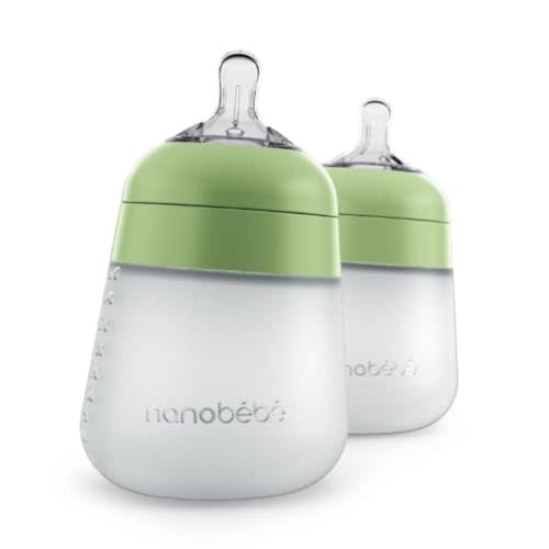 Nanobébé Flexy Silicone Baby Bottle, Anti-Colic, Natural Feel, Non-Collapsing Nipple, Non-Tip Stable Base, Easy to Clean 2-Pack, Sage, 9oz